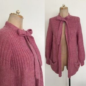 1970’s Raspberry Knit Ascot Bow Cardigan Sweater S